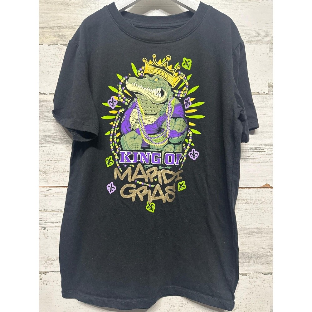 Mardi Gras Graphic T-Shirt Boys 10/12 Black King Gator Alligator